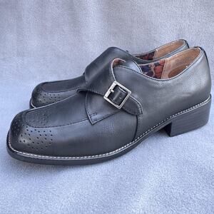 Korks Theodore Monk Shoes Womens Size 8 Black Strap Buckle Block‎ Heel Wingtip